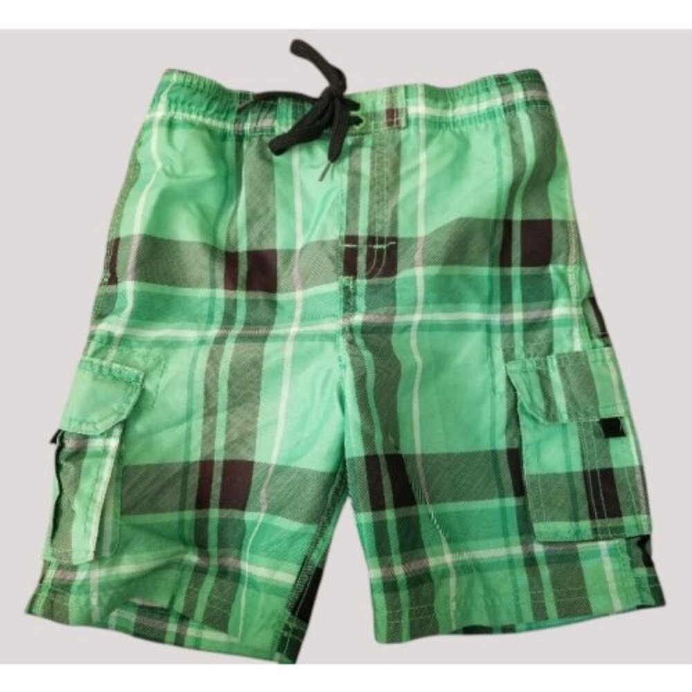 * KANU Green Plaid Cargo Trunk Style Bathing Suit Boys Size 5-6